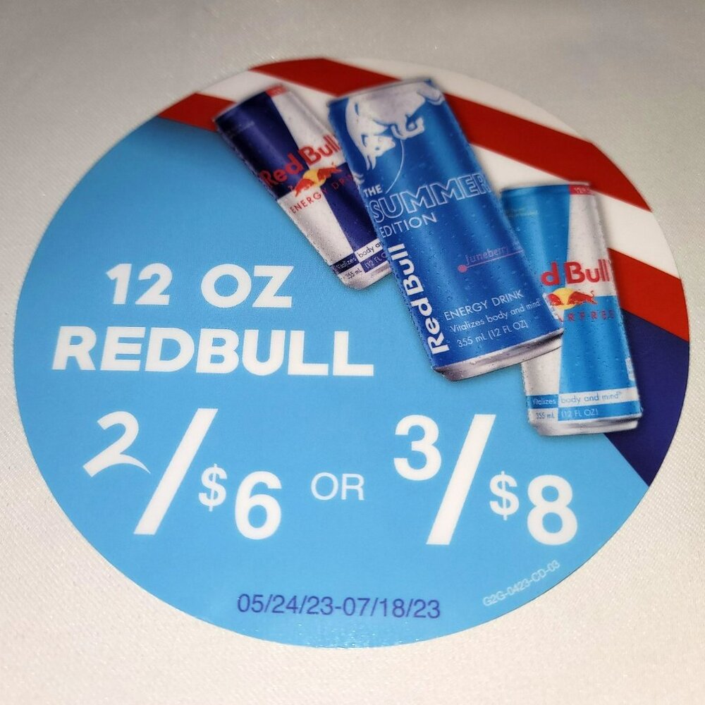 Redbull 12 oz Reg Sugarfree Summer Edition Graphic 6" Window Cling Circle Sign